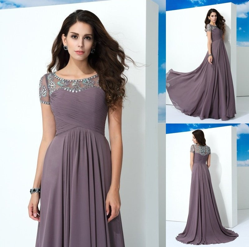 A-Line/Princess Sheer Neck Beading Short Sleeves Long Chiffon Dresses DFP0002078