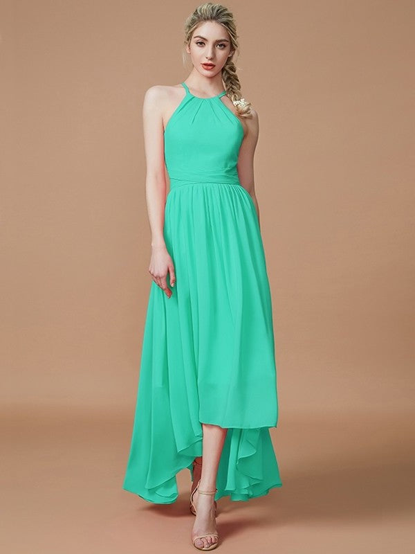 A-Line/Princess Halter Asymmetrical Sleeveless Chiffon Bridesmaid Dresses DFP0005582