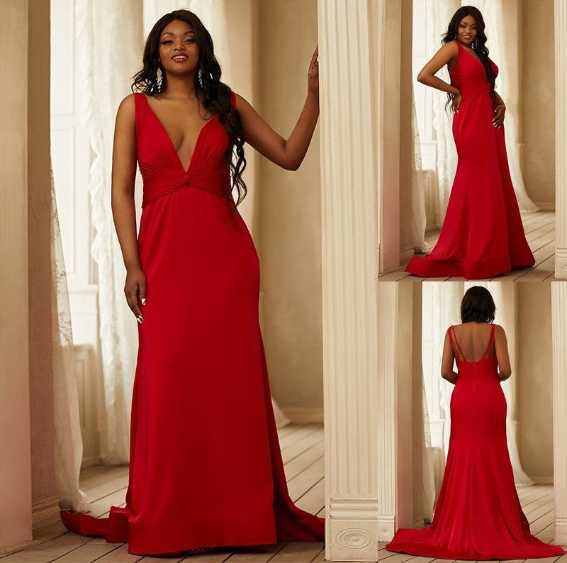 Sheath/Column Satin Ruched V-neck Sleeveless Sweep/Brush Train Dresses DFP0001756