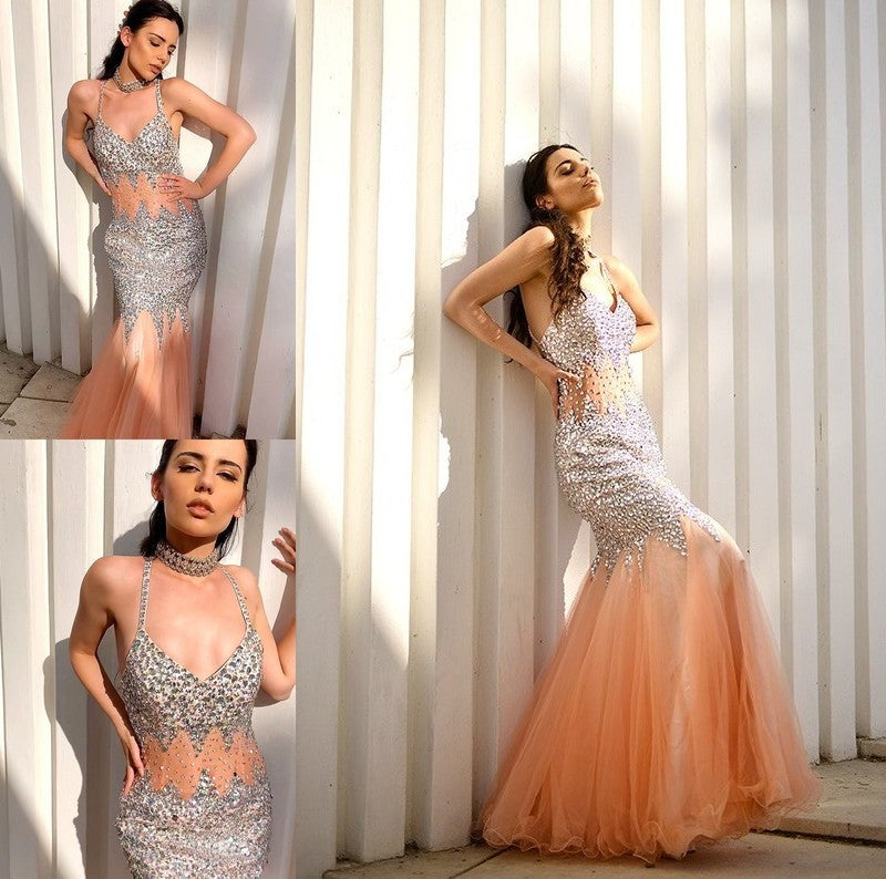 Trumpet/Mermaid V-neck Sleeveless Tulle Floor-Length Sequin Dresses DFP0001956