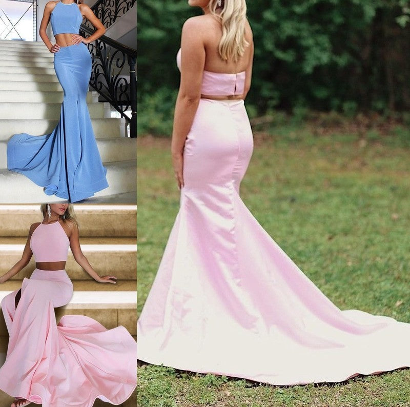A-Line Halter Sleeveless Sweep/Brush Train With Ruffles Satin Two Piece Dresses DFP0001961