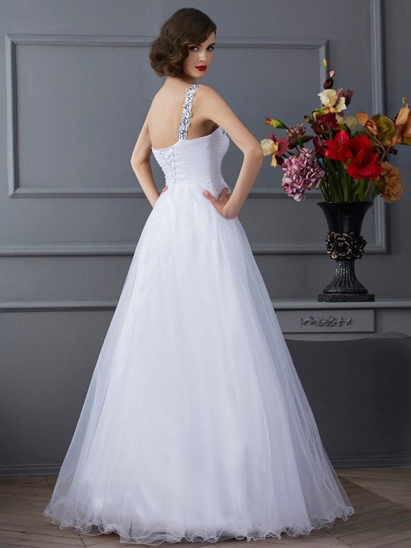 Ball Gown One-Shoulder Sleeveless Beading Long Elastic Woven Satin Quinceanera Dresses DFP0009088