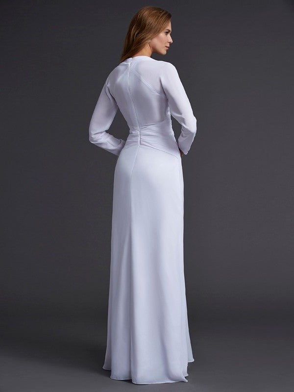 Sheath/Column V-neck Long Sleeves Ruched Long Chiffon Dresses DFP0002467