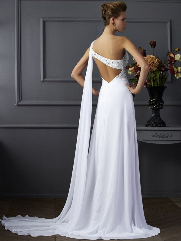 Sheath/Column One-Shoulder Sleeveless Beading Long Chiffon Dresses DFP0002729