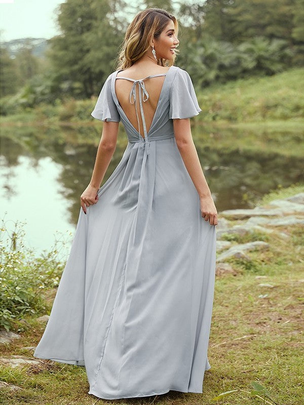 A-Line/Princess Chiffon Ruffles V-neck Short Sleeves Floor-Length Bridesmaid Dresses DFP0004977