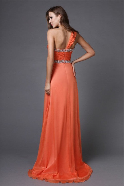 A-Line/Princess One-Shoulder Beading Sleeveless Long Chiffon Dresses DFP0004445