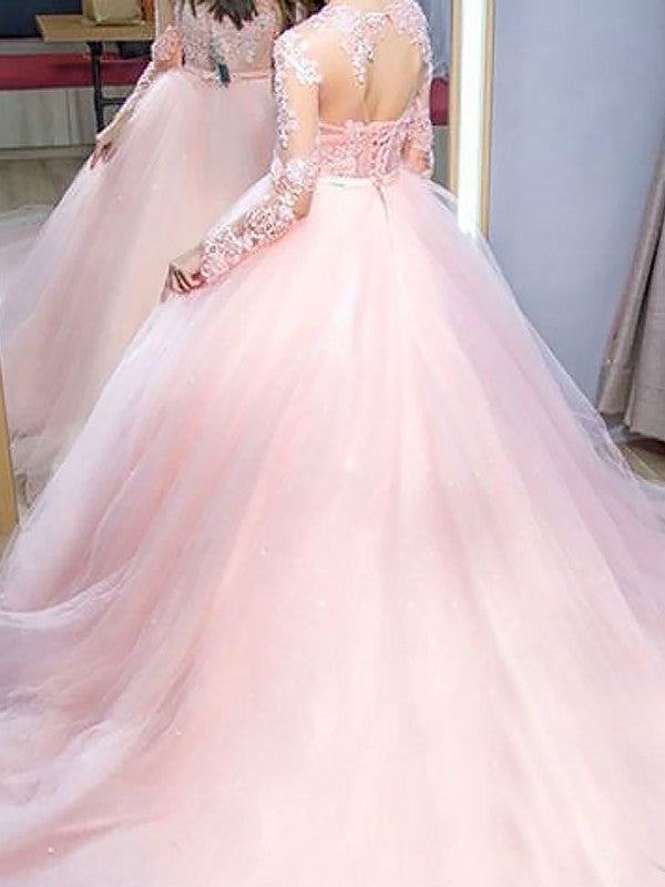 Ball Gown Jewel Long Sleeves Sweep/Brush Train Lace Tulle Dresses DFP0001809