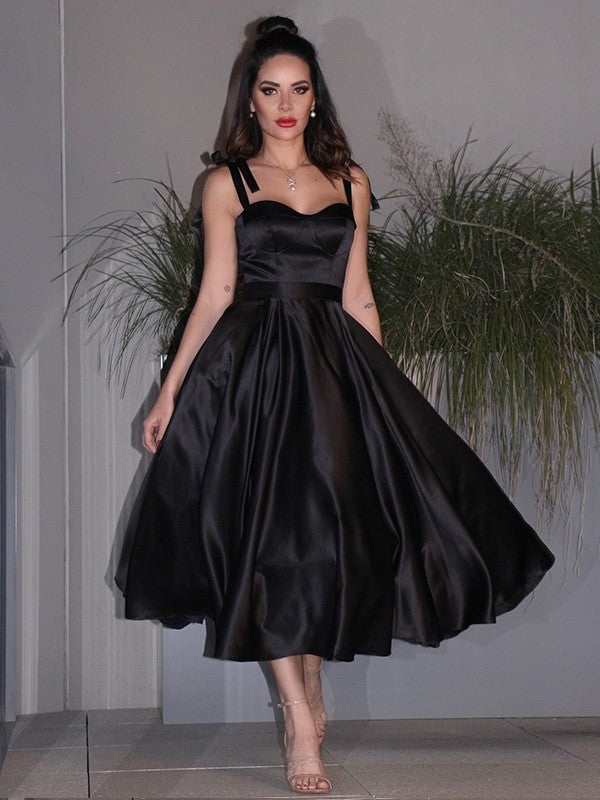 A-Line/Princess Satin Ruffles Straps Sleeveless Tea-Length Homecoming Dresses DFP0004663