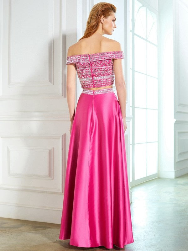 A-Line/Princess Off-the-Shoulder Beading Sleeveless Satin Floor-Length Two Piece Dresses DFP0003799