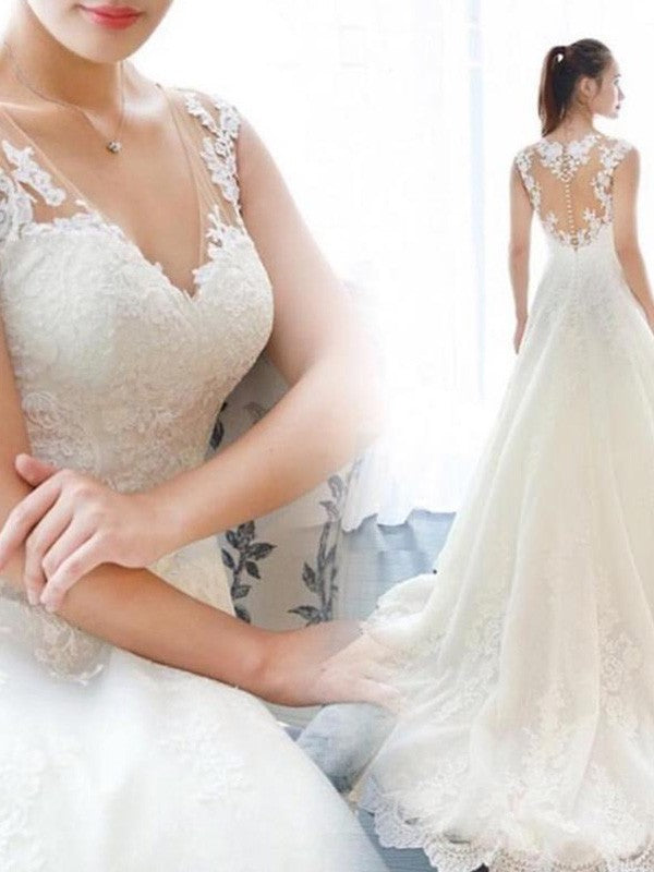 A-Line/Princess Sleeveless V-neck Court Train Applique Lace Wedding Dresses DFP0006590