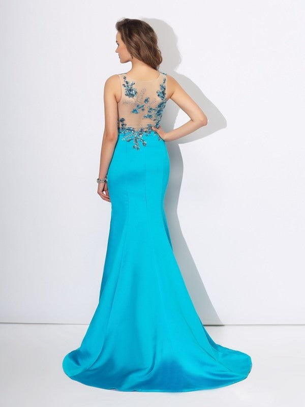 Trumpet/Mermaid Scoop Applique Sleeveless Long Satin Dresses DFP0002907