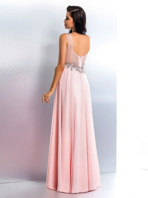 A-Line/Princess V-neck Beading Sleeveless Long Chiffon Dresses DFP0002794