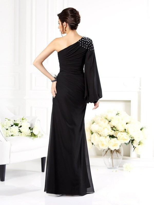 Sheath/Column One-Shoulder Beading Long Sleeves Long Chiffon Mother of the Bride Dresses DFP0007087