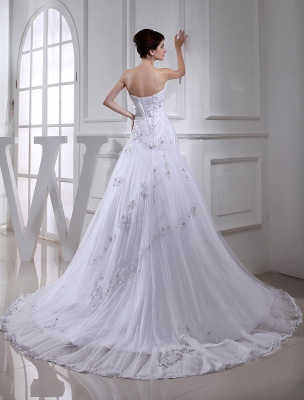 A-Line/Princess Beading Long Sleeveless Strapless Tulle Taffeta Wedding Dresses DFP0006716