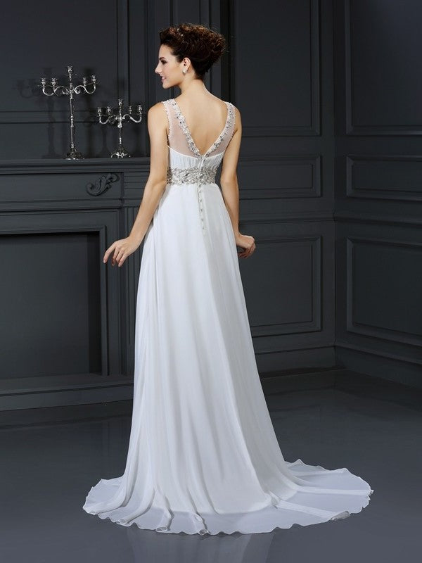 A-Line/Princess Bateau Ruffles Sleeveless Long Chiffon Wedding Dresses DFP0006616
