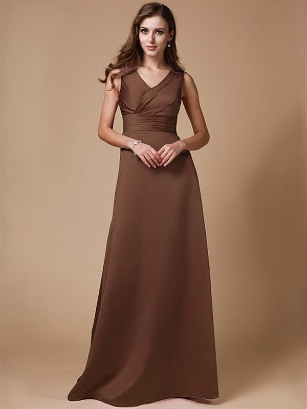 A-Line/Princess V-neck Long Sleeveless Elastic Woven Satin Bridesmaid Dresses DFP0005409