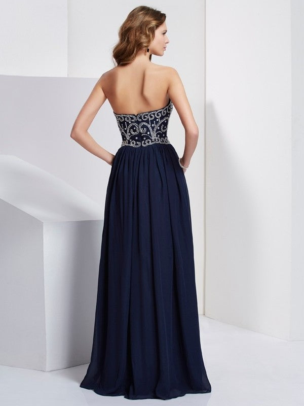 A-Line/Princess Strapless Beading Sleeveless Long Chiffon Dresses DFP0002874