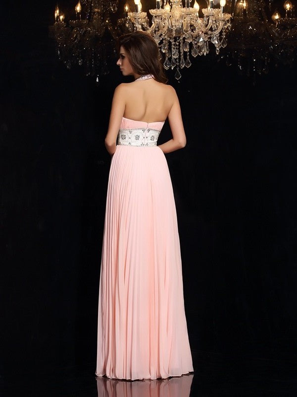 A-Line/Princess High Neck Pleats Sleeveless Long Chiffon Dresses DFP0002160