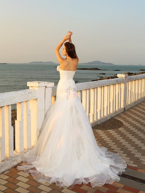 Ball Gown Strapless Hand-Made Flower Sleeveless Long Satin Beach Wedding Dresses DFP0006336
