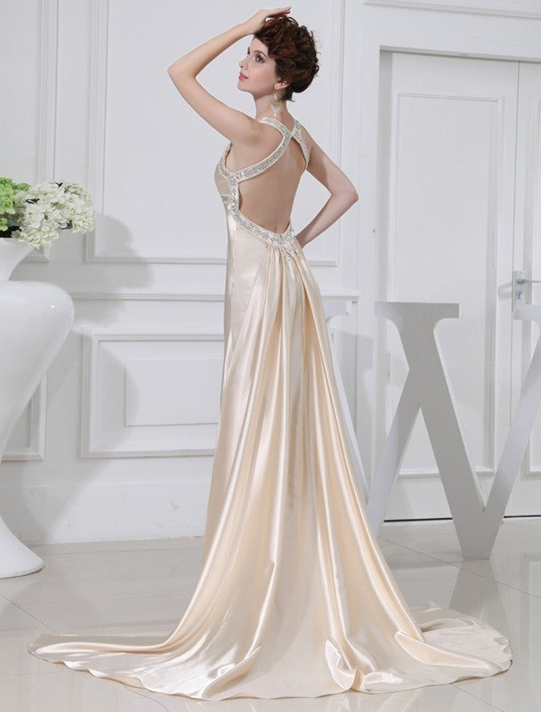 A-Line/Princess Beading Sleeveless Elastic Woven Satin Dresses DFP0004440