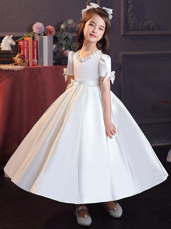 A-Line/Princess Satin Bowknot Jewel Short Sleeves Tea-Length Flower Girl Dresses DFP0007510