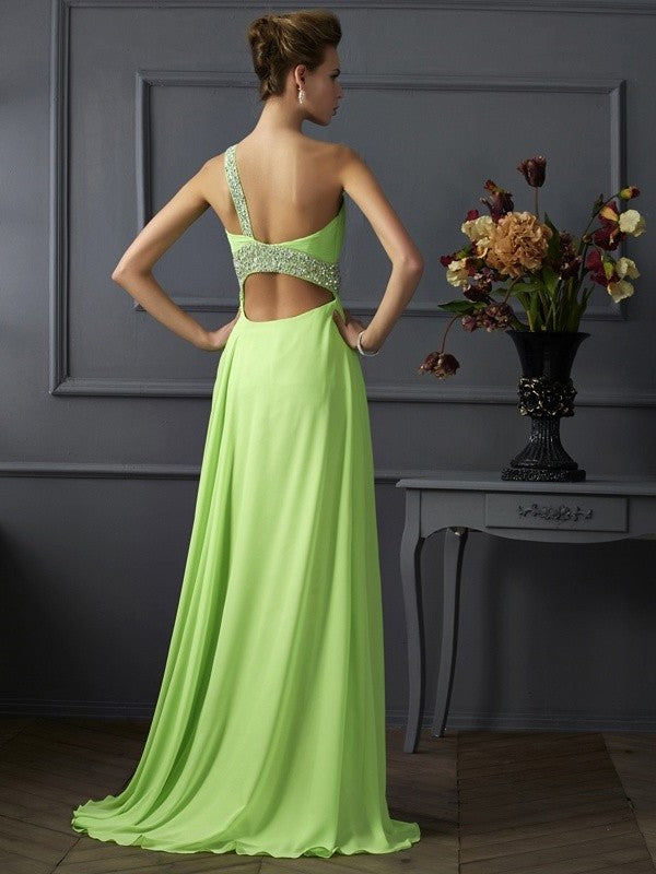 A-Line/Princess Sleeveless Beading One-Shoulder Chiffon Long Dresses DFP0003900