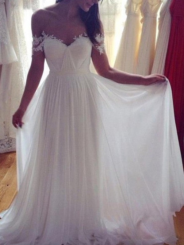 A-Line/Princess Sleeveless Off-the-Shoulder Sweep/Brush Train Applique Lace Chiffon Wedding Dresses DFP0006360