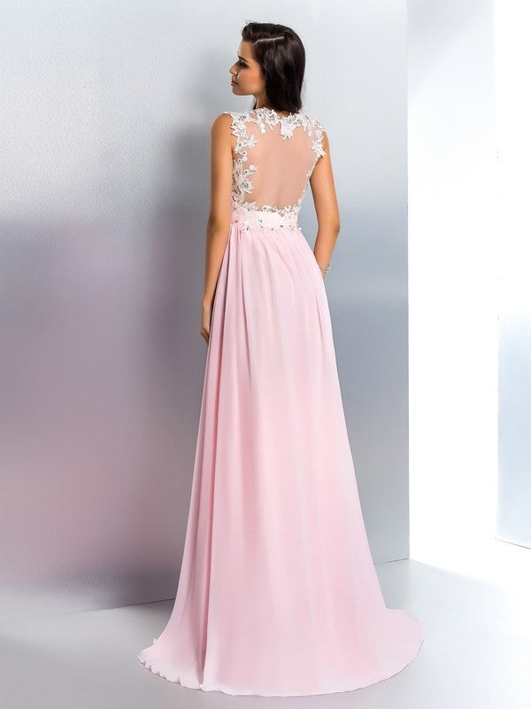 A-Line/Princess V-neck Applique Sleeveless Long Chiffon Dresses DFP0002658