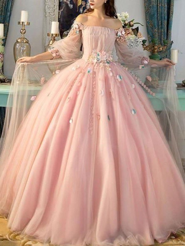 Ball Gown Off-the-Shoulder Tulle Long Sleeves Hand-Made Flower Floor-Length Dresses DFP0001386