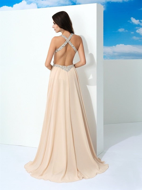 A-Line/Princess Straps Beading Sleeveless Long Chiffon Dresses DFP0002580