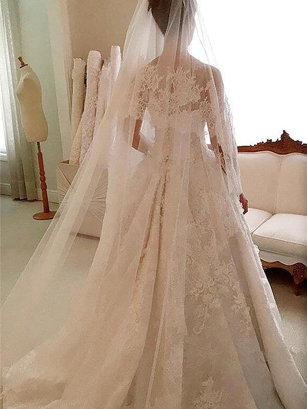 A-Line/Princess Lace Court Train Scoop Applique Sleeveless Wedding Dresses DFP0006165