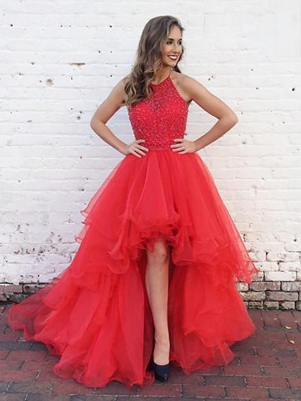 Ball Gown Halter Sleeveless Beading Sweep/Brush Train Tulle Dresses DFP0001796