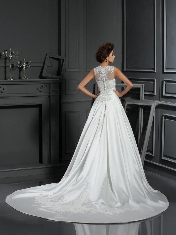 A-Line/Princess High Neck Applique Sleeveless Long Satin Wedding Dresses DFP0006700