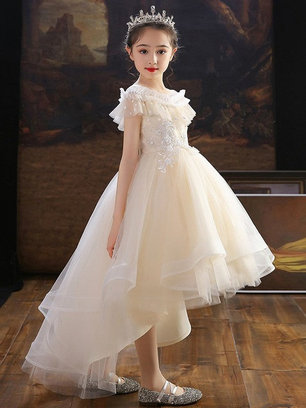 A-Line/Princess Tulle Applique Off-the-Shoulder Short Sleeves Asymmetrical Flower Girl Dresses DFP0007511