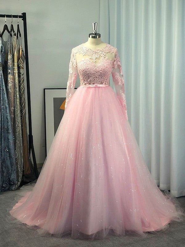 Ball Gown Long Sleeves Tulle Lace Jewel Sweep/Brush Train Dresses DFP0001586