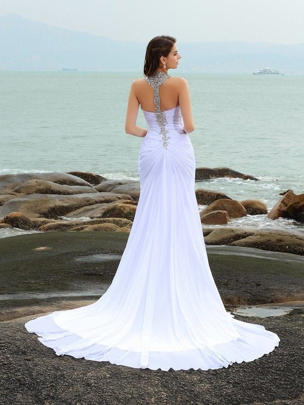 Sheath/Column Straps Beading Sleeveless Long Chiffon Beach Wedding Dresses DFP0006130