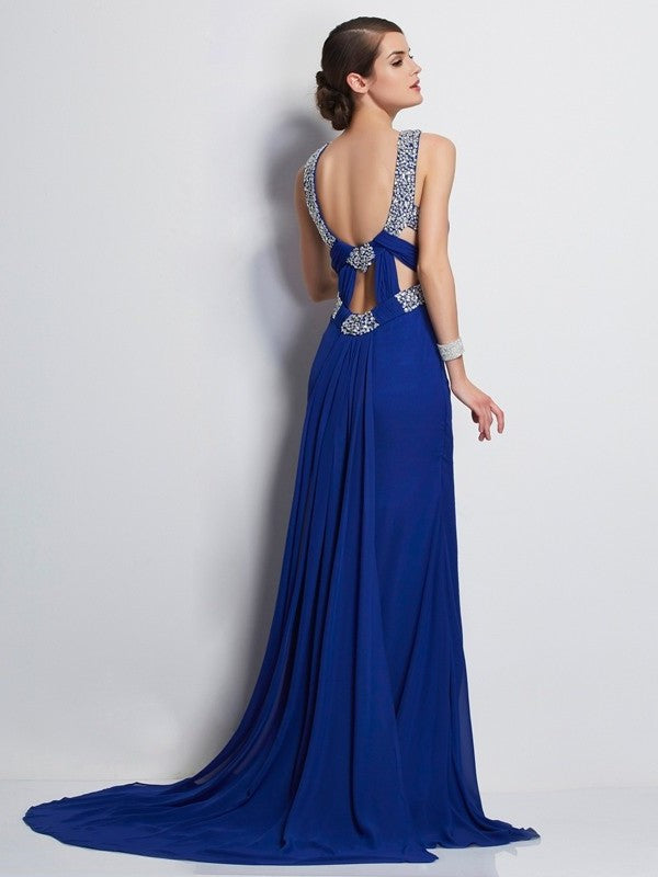 Sheath/Column High Neck Sleeveless Beading Long Chiffon Dresses DFP0002600