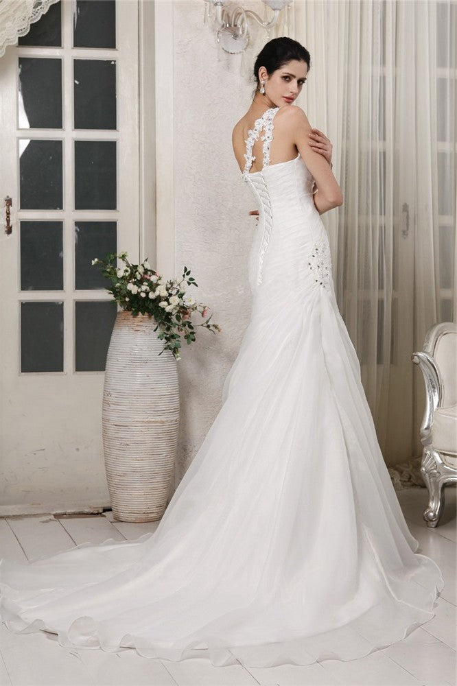 Trumpet/Mermaid One-Shoulder Sleeveless Beading Applique Long Organza Wedding Dresses DFP0006797