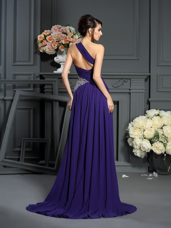 A-Line/Princess One-Shoulder Beading Sleeveless Long Chiffon Dresses DFP0003948