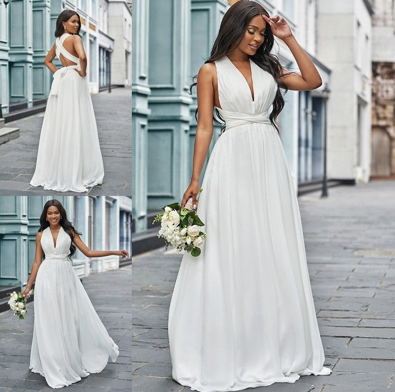 A-Line/Princess Chiffon Halter Ruched Sleeveless Floor-Length Wedding Dresses DFP0006674