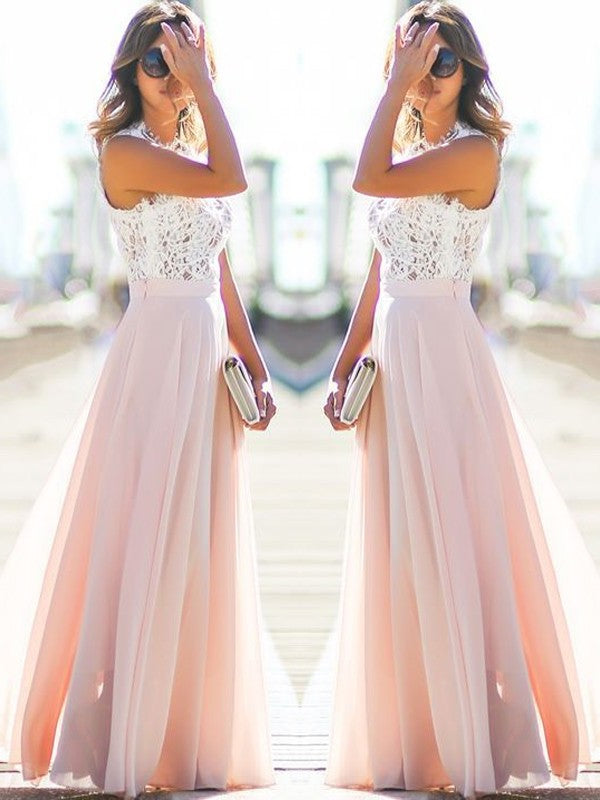 A-Line/Princess Jewel Sleeveless Floor-Length Lace Chiffon Dresses DFP0002382