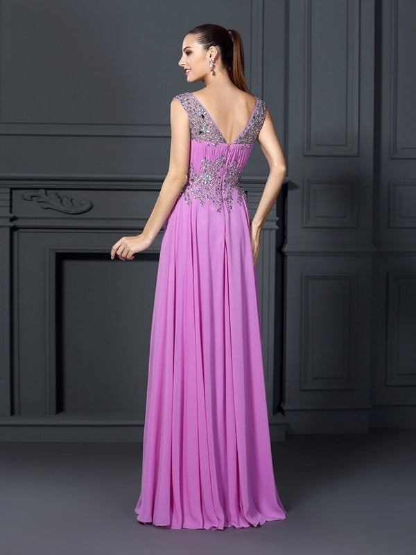 A-Line/Princess Straps Beading Sleeveless Long Chiffon Dresses DFP0002537