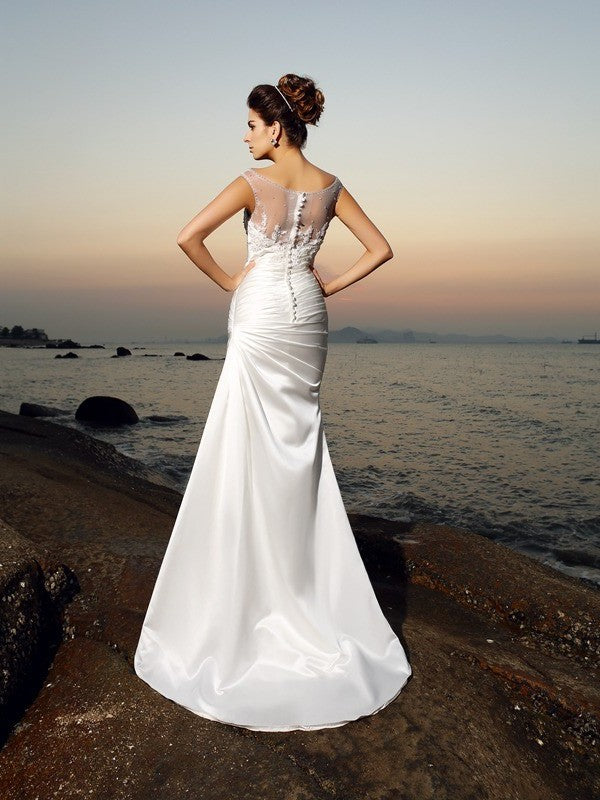 Trumpet/Mermaid Scoop Beading Sleeveless Long Satin Beach Wedding Dresses DFP0006202