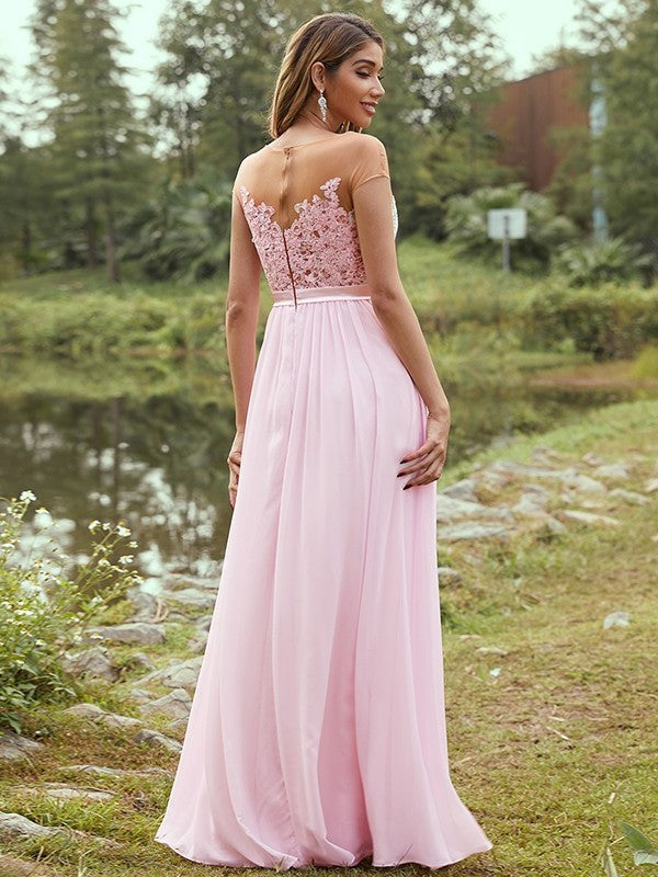 A-Line/Princess Chiffon Applique Scoop Short Sleeves Floor-Length Bridesmaid Dresses DFP0004951