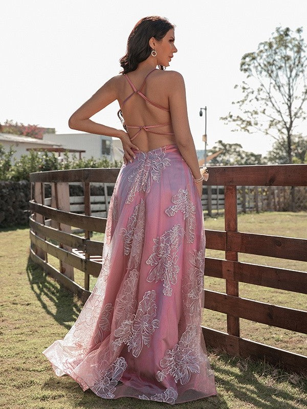 A-Line/Princess Lace Ruffles V-neck Sleeveless Floor-Length Dresses DFP0001570