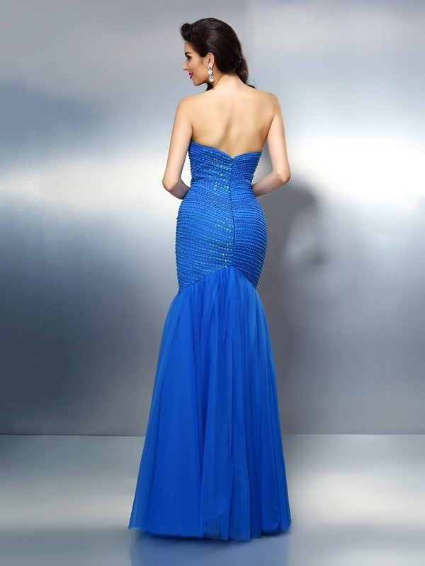 Trumpet/Mermaid Sweetheart Rhinestone Sleeveless Long Satin Dresses DFP0004232