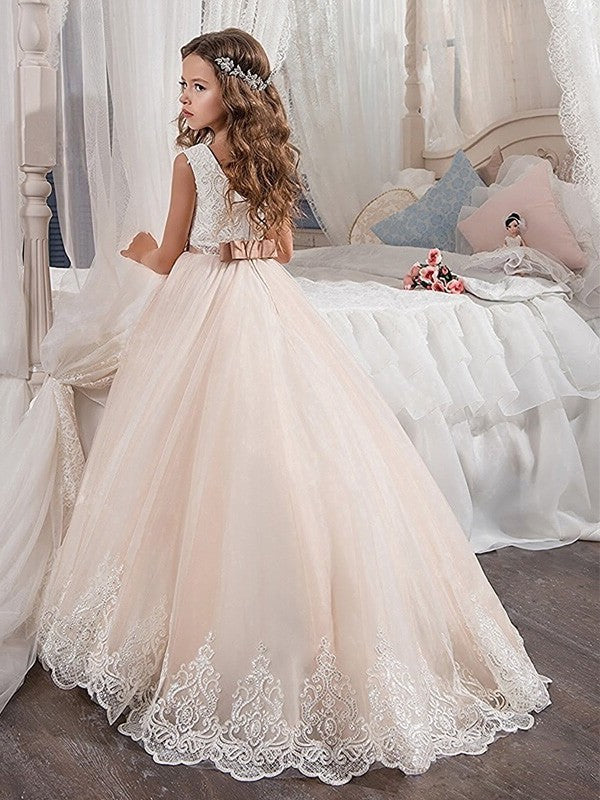 Ball Gown Jewel Sleeveless Lace Sweep/Brush Train Tulle Flower Girl Dresses DFP0007536