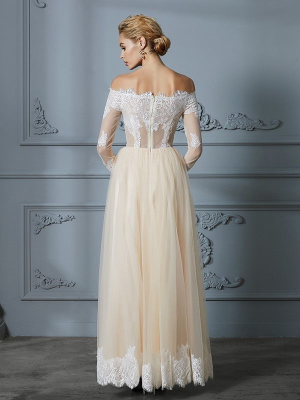 A-Line/Princess Off-the-Shoulder Long Sleeves Floor-Length Lace Tulle Wedding Dresses DFP0006638