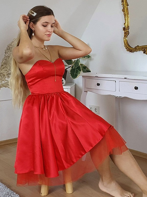 A-Line/Princess Satin Sleeveless Ruffles Sweetheart Short/Mini Homecoming Dresses DFP0004650