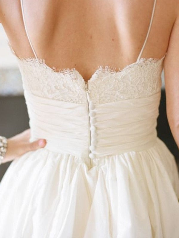 A-Line/Princess Spaghetti Straps Sleeveless Floor-Length Lace Satin Wedding Dresses DFP0006629